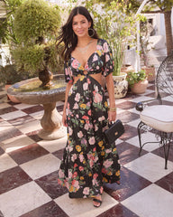 Cambria Satin Floral Puff Sleeve Maxi Dress