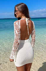 Spina White Crochet Long Sleeve Mini Dress