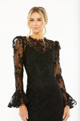 Mac Duggal 20431 Ruffle Wrist Embellished High Neck Midi Dress