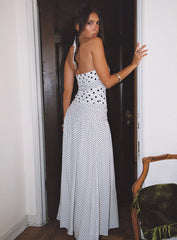 Marguerite Halter Maxi Dress White Polka