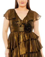 Mac Duggal 49775W Plus Size V Neck Ruffle Tiered Rose Detail Midi Dress