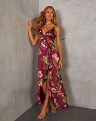 Capriccio Satin Floral Ruffle Maxi Dress