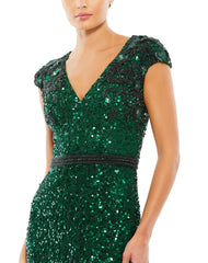 Mac Duggal 5505 Long Embellished V Neck Cap Sleeve Sequin Dress