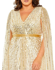 Mac Duggal 5804 Long Plus Size Sequined V Neck Cape Sleeve Dress