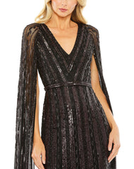Mac Duggal 5915 Long Sequined V Neck Cape Sleeve Dress