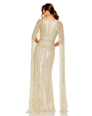 Mac Duggal 5915 Long Sequined V Neck Cape Sleeve Dress