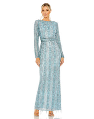 Mac Duggal 5981 Long Sleeve Crystal Fringe Column Dress