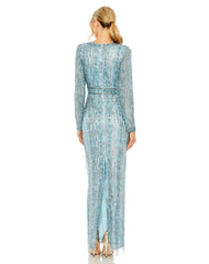 Mac Duggal 5981 Long Sleeve Crystal Fringe Column Dress