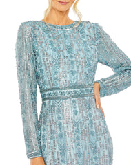 Mac Duggal 5981 Long Sleeve Crystal Fringe Column Dress