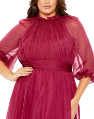Mac Duggal 68426 Plus Size Puff Sleeve Tiered A Line Long Dress