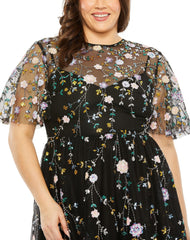 Mac Duggal 68638 Plus Size Sequin Floral Detail Midi Dress
