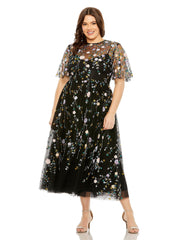 Mac Duggal 68638 Plus Size Sequin Floral Detail Midi Dress