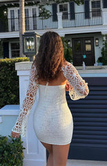 Spina White Crochet Long Sleeve Mini Dress