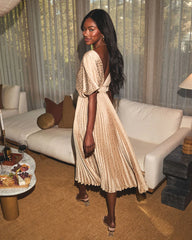 Golden Gatherings Pleated Satin Maxi Dress