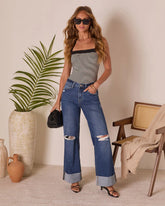 Jaidan Stretch Distressed Wide Leg Cuffed Jeans