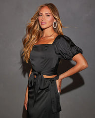 Braelyn Satin Puff Sleeve Wrap Cropped Top