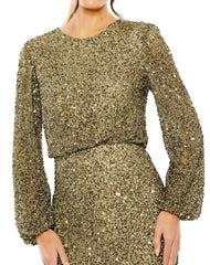 Mac Duggal 10044 Long Sleeve Beaded Blouson Dress