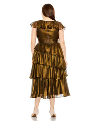 Mac Duggal 49775W Plus Size V Neck Ruffle Tiered Rose Detail Midi Dress