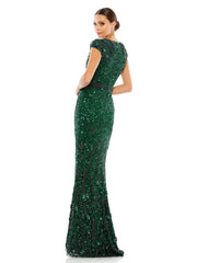 Mac Duggal 5505 Long Embellished V Neck Cap Sleeve Sequin Dress