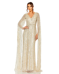 Mac Duggal 5915 Long Sequined V Neck Cape Sleeve Dress