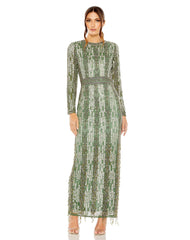 Mac Duggal 5981 Long Sleeve Crystal Fringe Column Dress