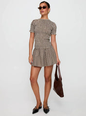 Laurita Shirred Mini Dress Brown Check