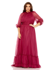Mac Duggal 68426 Plus Size Puff Sleeve Tiered A Line Long Dress