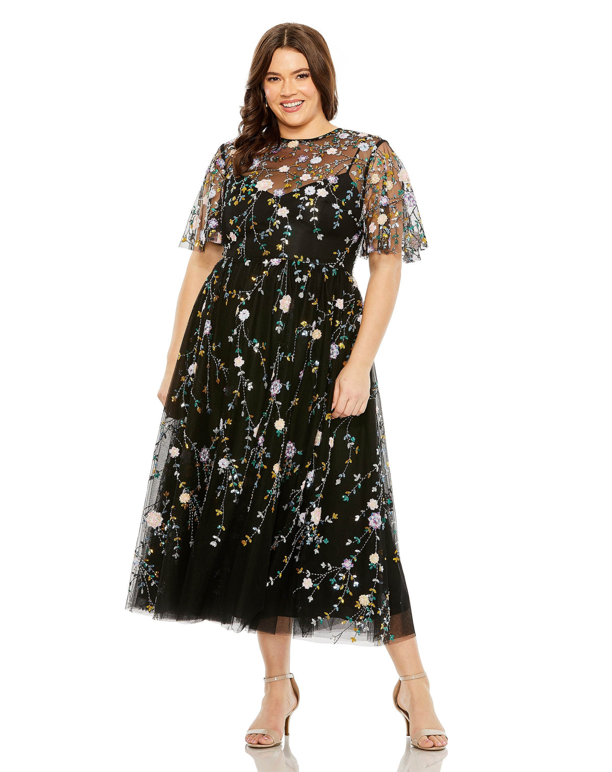 Mac Duggal 68638 Plus Size Sequin Floral Detail Midi Dress