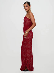 Hailees Lace Strapless Maxi Dress Red