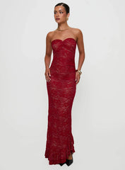Hailees Lace Strapless Maxi Dress Red