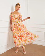Floral Fantasy Skies Smocked Tiered Puff Sleeve Maxi Dress